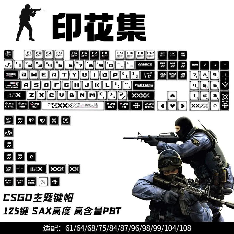 CSGO Print Set Four Side Transparent SAX Pudding Key Cap PC 125 Key for 60/64/84/98/108 Mechanical Keyboard