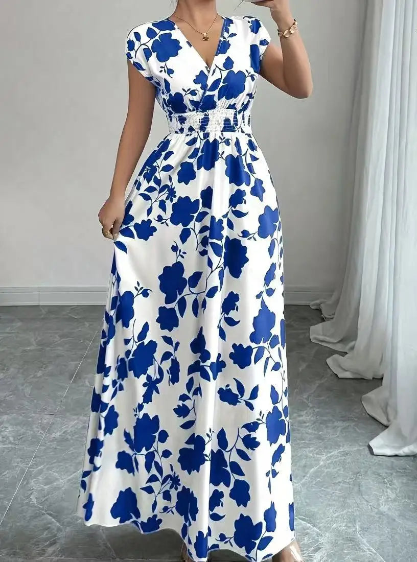 2026 Women's New Fashion Casual Daily Comfortable Elegant Lace-up Floral Print V-neck Short Sleeve Waist Women's Long Dress