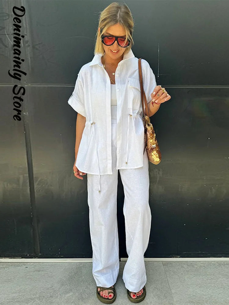 Casual Drawstring Shirt Pants Set Women Lapel Button Short Sleeve Pocket Loose Top Wide Leg Pants 2025 Chic Summer Women's Suit