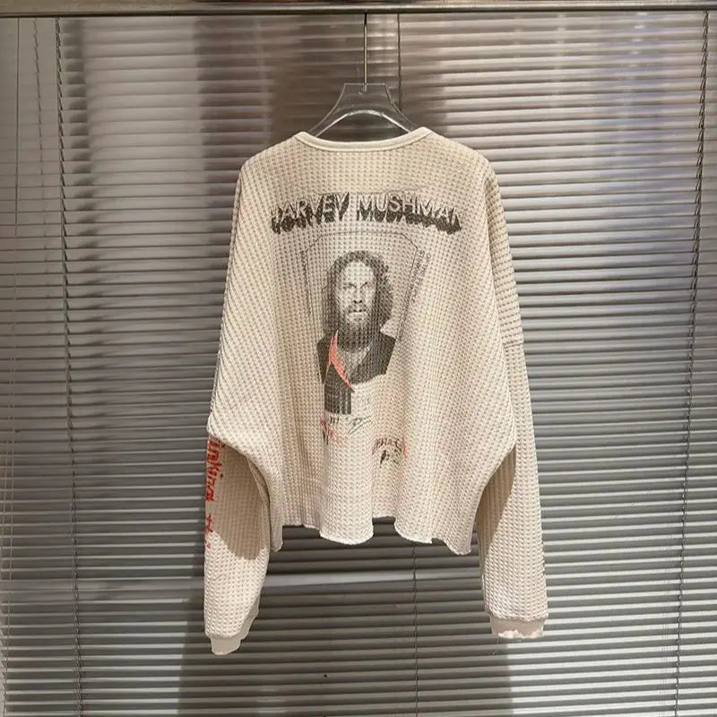Streetwear Paly Waffle Long Sleeve T Shirt Men Woman High Quality Loose Casual Fashion All-match Crewneck New Top