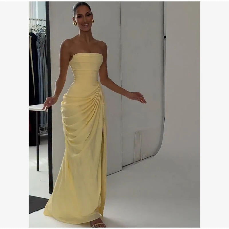Sexy Women Solid Pleated Strapless Chic Dress Lady V-neck Off-shoulder Backless High Waist Split Vestido 2026 Evening Party Gown