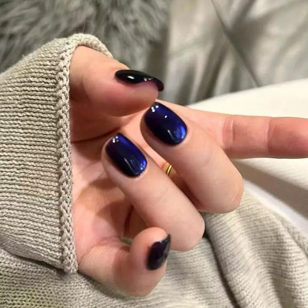 30pcs Deep Blue Cat Eye Gel Fake Nails XS/S/M Full Cover Square Short Shape Design False Nails Autumn Winter Blue Press On Nails