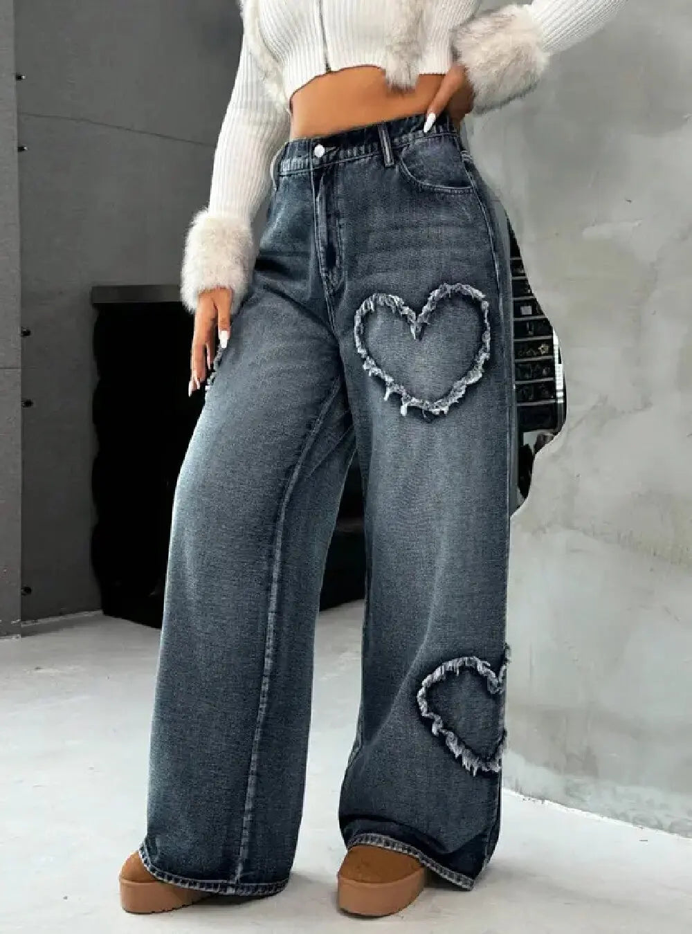Women Retro Heart Raw Edge Spliced Jeans Heavy Washed Loose Straight Wide Leg Denim Pants Spring Autumn Casual Trousers