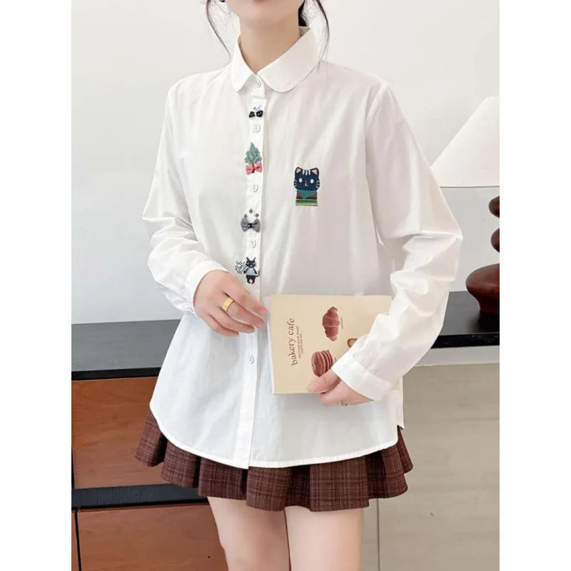 Sweet Cartoon Cat Embroidery Long Sleeve Shirt Women's Casual Style Spring Fashion Artistic Loose Fit Cotton Shirt