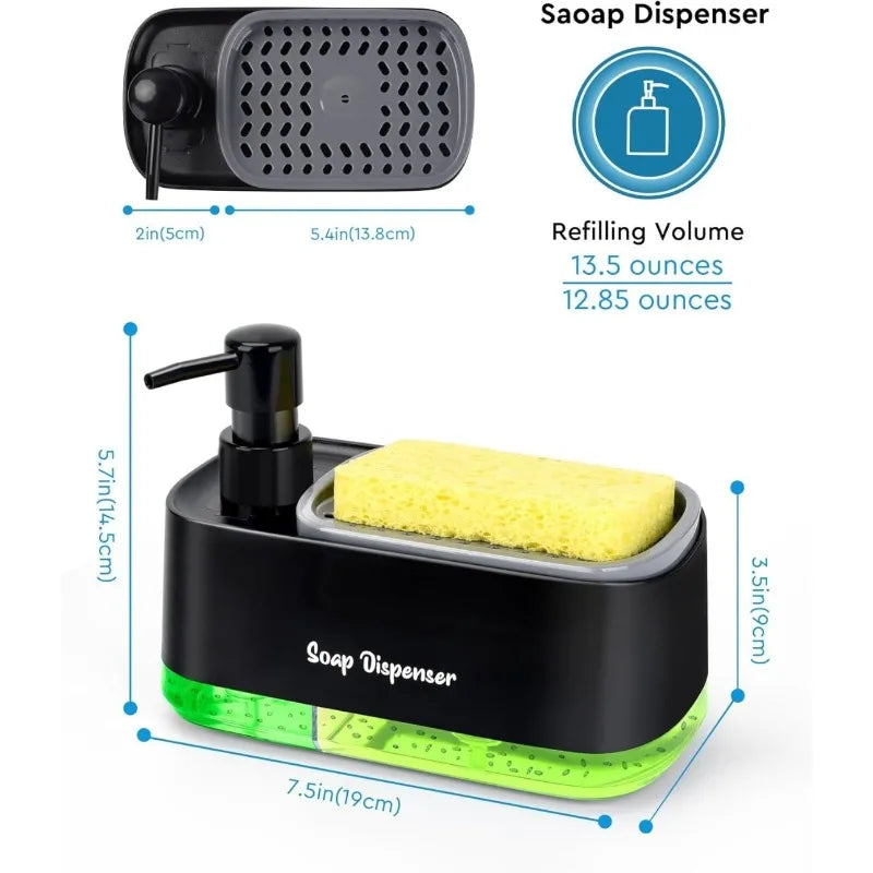 Kitchen Sink Organizer Set 3-in-1 Soap Dispenser with Dual Pump and Sponge Holder Space-Saving Cleaning Storage for Countertops