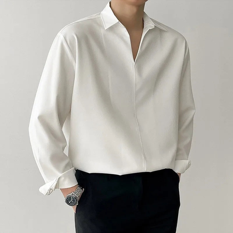 New Korean V Neck Men Shirts Luxury Casual Drooping Style Slim Solid Color Long Sleeve Pullover Blouse High Quality Autumn Tops