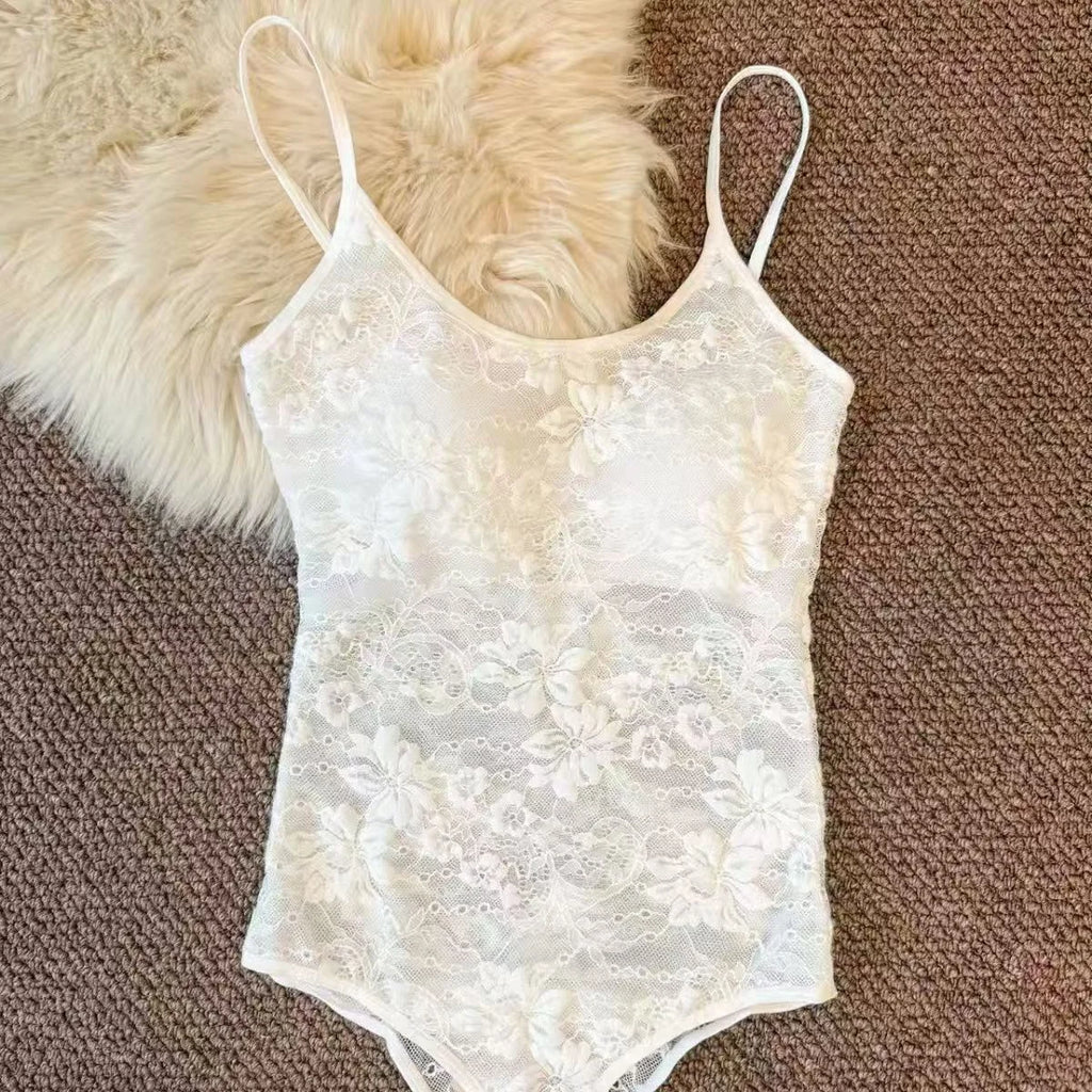 Sexy Lace Slim Jumpsuit Women Sleeveless Backless Solid Hollow Out Tops Summer Fashion Y2K Spaghetti Strap Top Lady Party Club