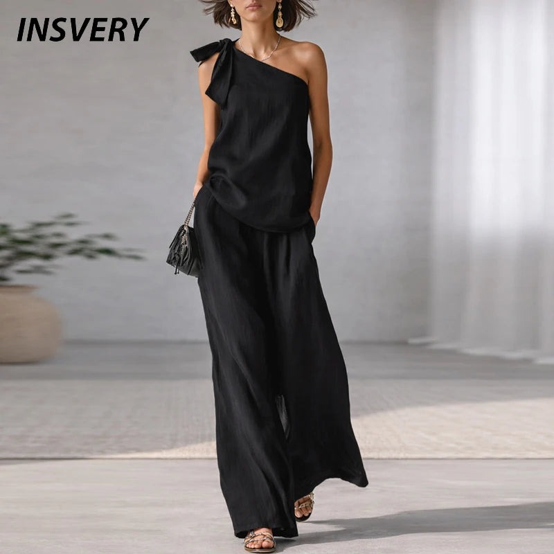 Elegant Lace Up Sleeveless T Shirts Vest High Waist Loose Pants Suit Women Casual Two Piece Set Fashion Holiday Outfits