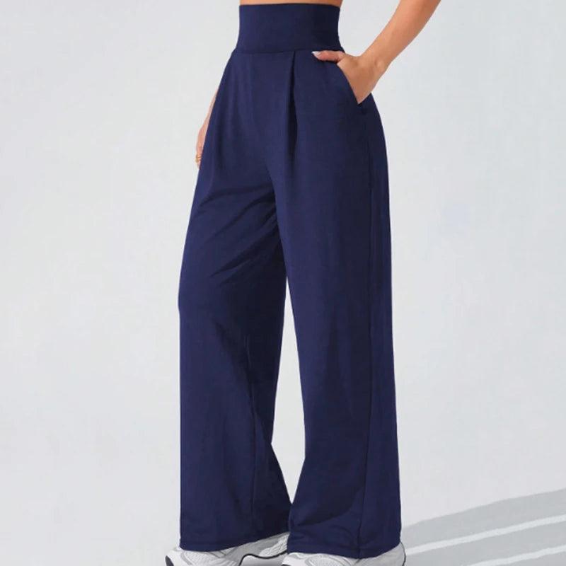 Women's High Waisted Sports Pants with Side Pockets Solid Color Wide Leg Yoga Pants Woman Body Hugging Straight Leg Trousers