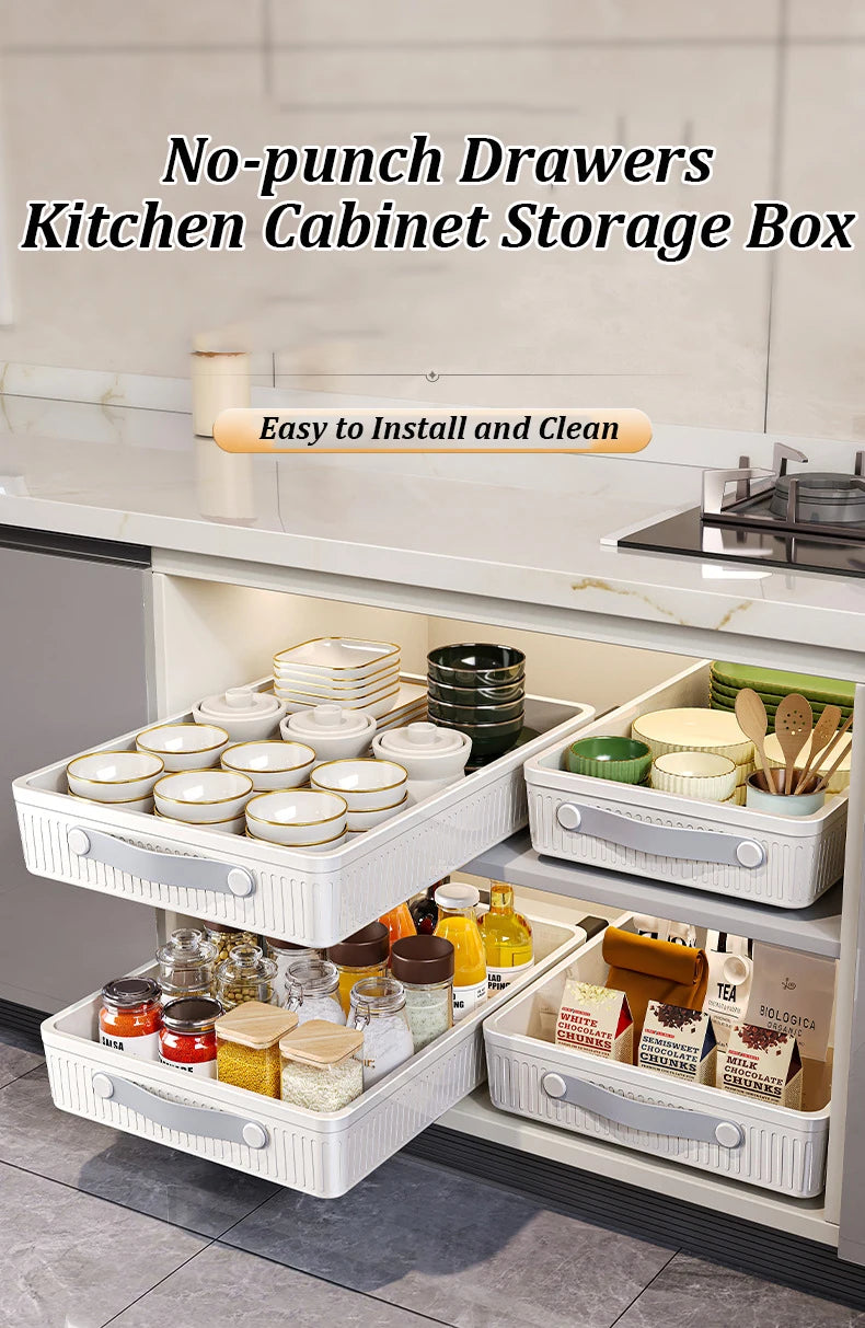 Kitchen Sliding Drawer with Slide Rail Cabinet Clothes Spice Dish Bowl Storage Rack Pull Out Cabinet Organizer Tray With Handle