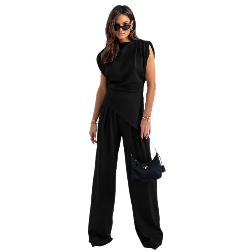 2025 Spring Summer Fashion New Solid Two Piece Set Women Casual Off Shoulder Irregular Top Wide Leg Pants Femme Two Piece Set