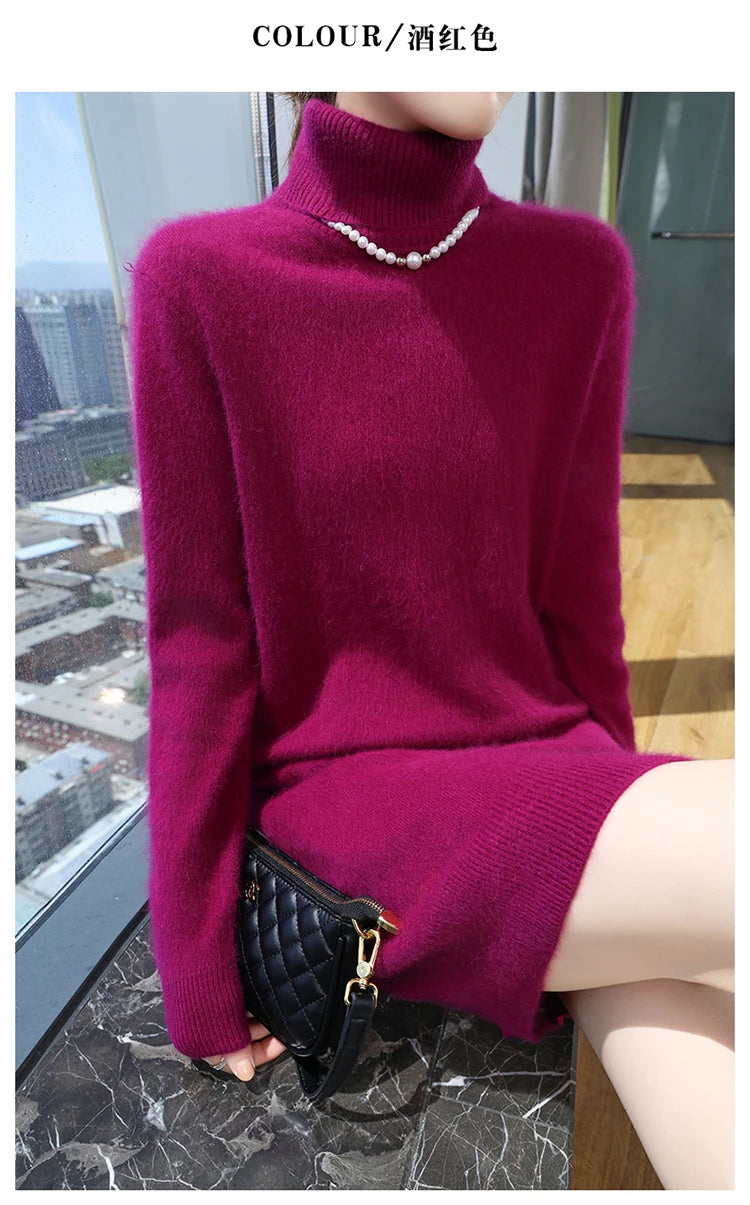 New Hot Selling 100% Mink Cashmere Knitted Women's High Neck Pullover Dress Sweater Slim Fit Solid Color Long Women's Dress