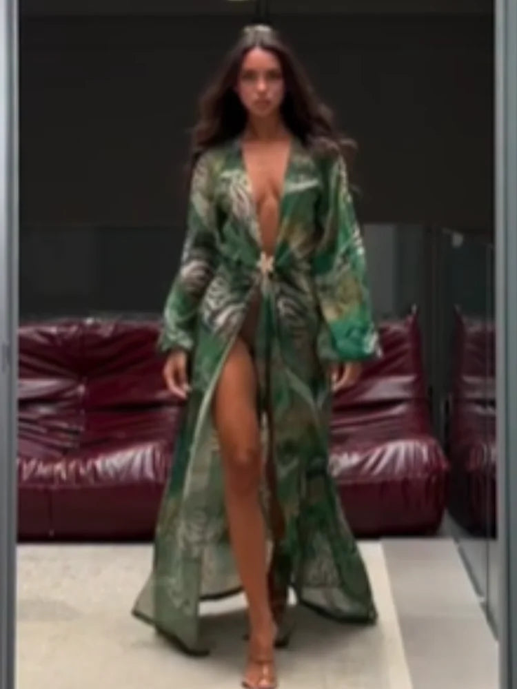 Animal Print Wrap Maxi Dress V Neck Sleeve Twist Waist High Slit Long Gowns Women's Resort Vacation Party Robes 2026 New Arrival