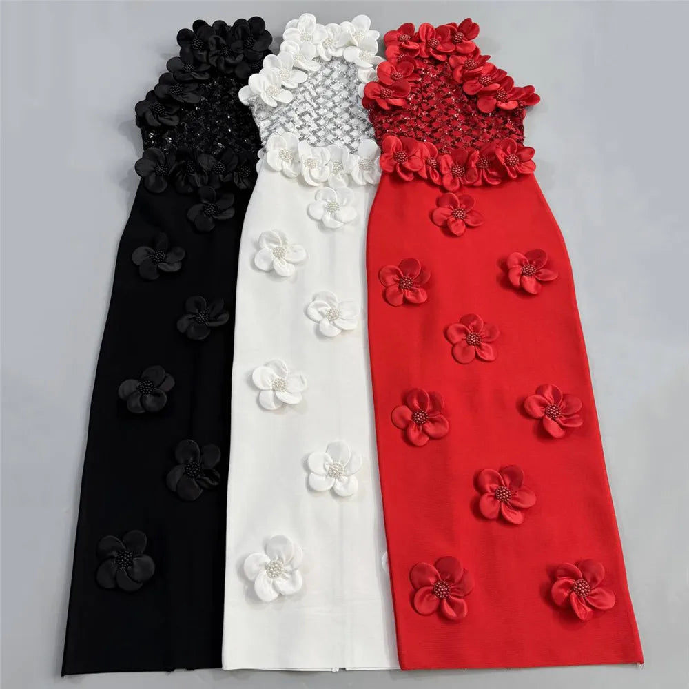 Women Fashion Flower Beading Sequins Patchwork Bandage Dress Celebrity Party Sleeveless Elegant Dresses