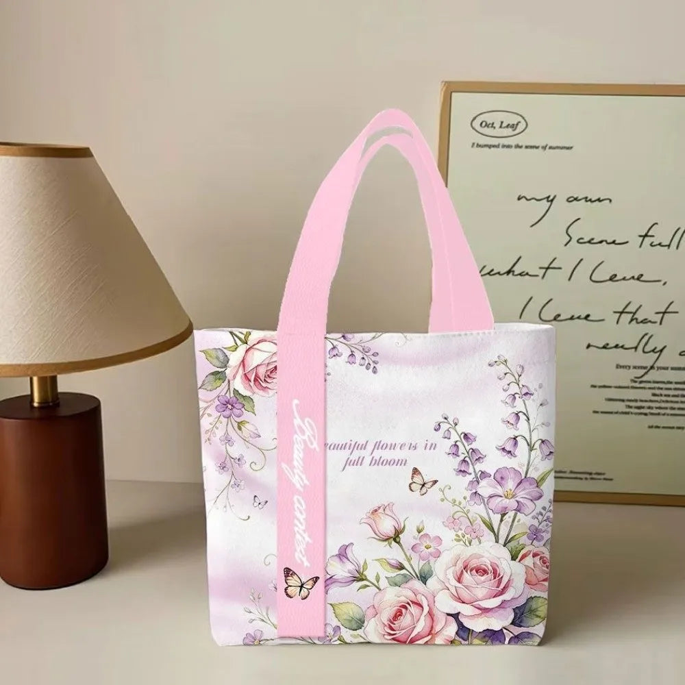 Portable Floral Canvas Tote Bag Large Capacity Reusable Commute Handbag Lightweight Shopping Bag For Work