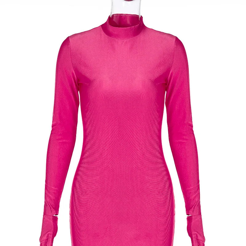 Solid Long Sleeve Mini Dress with Gloves Sexy Streetwear Party Outfit Half Turtleneck Bodycon Y2K Style Wholesale