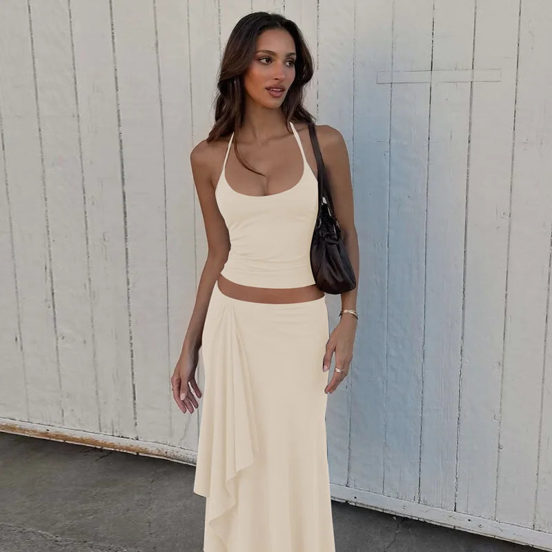Hugcitar Fashion 2 Pcs Sets Halter Solid Backless Lace Up Sexy Crop Tank Top Ruched Maxi Skirt Women Outfit Beach Vacation Sport