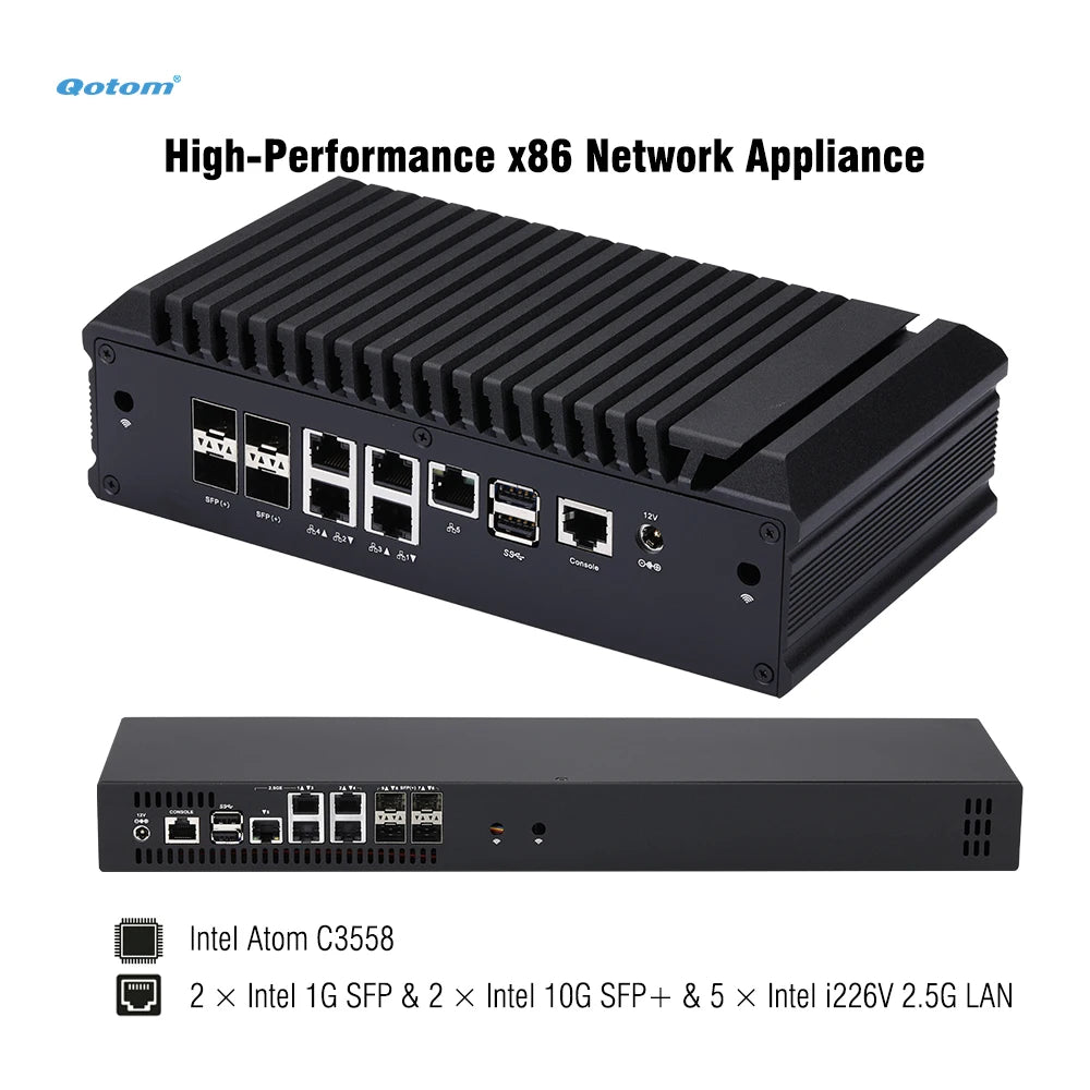 Mini PC Q20300G9 CPU Atom C3000, 4x 10G SFP+, 5x 2.5G LAN, Barebone Support 2x DDR4 RAM, 2x NVMe SSD, 2x HDD, Firewall Router