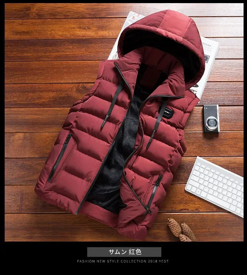 Fashion Warm Hooded Male Winter Vest Light Plus Size Mens Work Vest Waistcoat Hooded New Fleece Autumn Sleeveless Jacket for Men