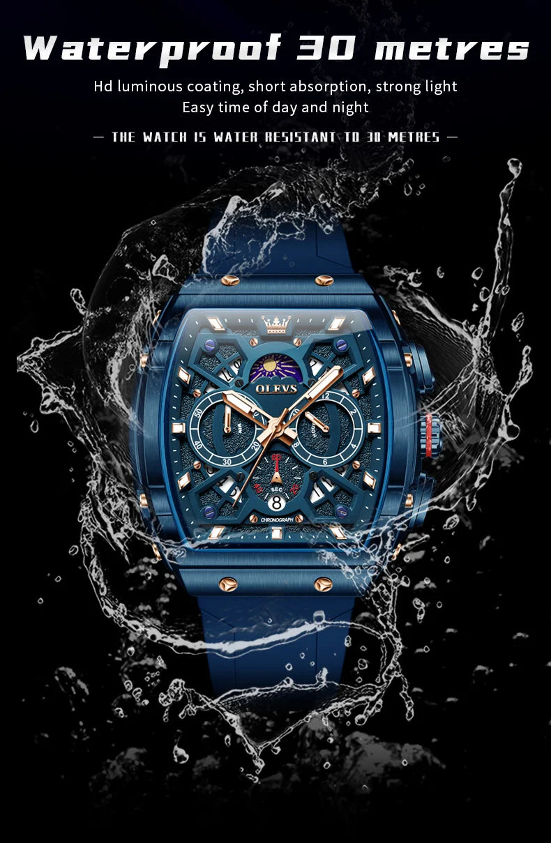 OLEVS 2942 Men Watch Automatic Calendar Waterproof Luminous Moonphase Watch Top Brand Tonneau Large Dial Hollow Men Quartz Watch