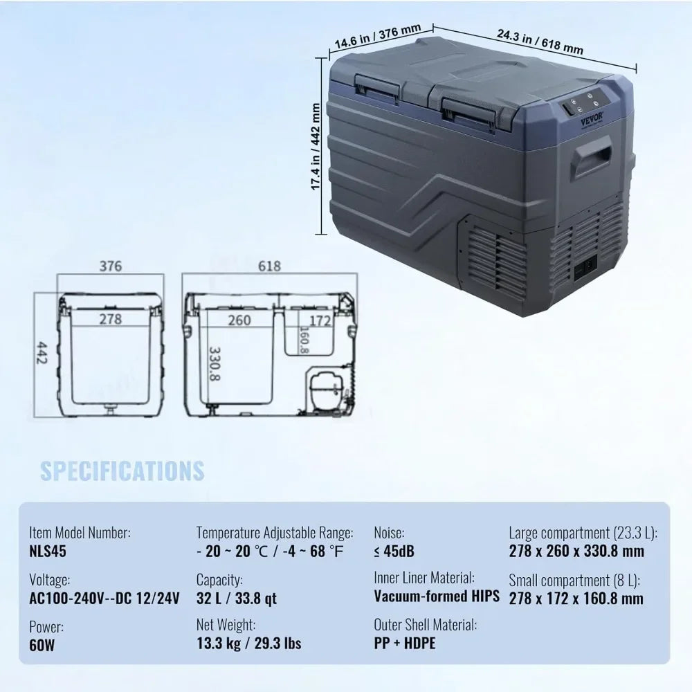 32L Dual Zone Car Refrigerator, Portable Freezer -20~20℃, 12/24V DC & 100-240V AC Compressor Cooler for Camping RV