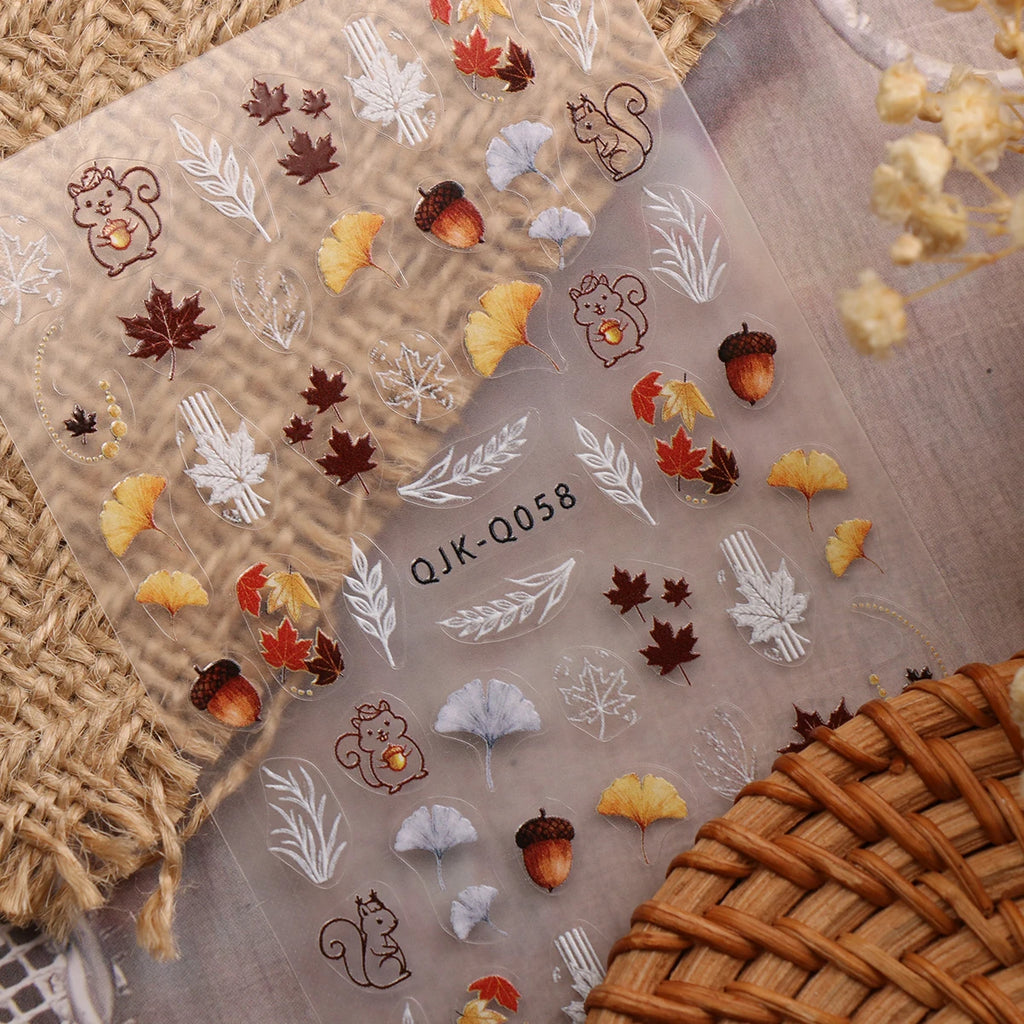 5pcs Autumn Maple Animals 3D Nail Art Stickers Squirral Ginkgo Fall Leaves Fox Bears Honey Pattern Nail Decal DIY Manicure Decor