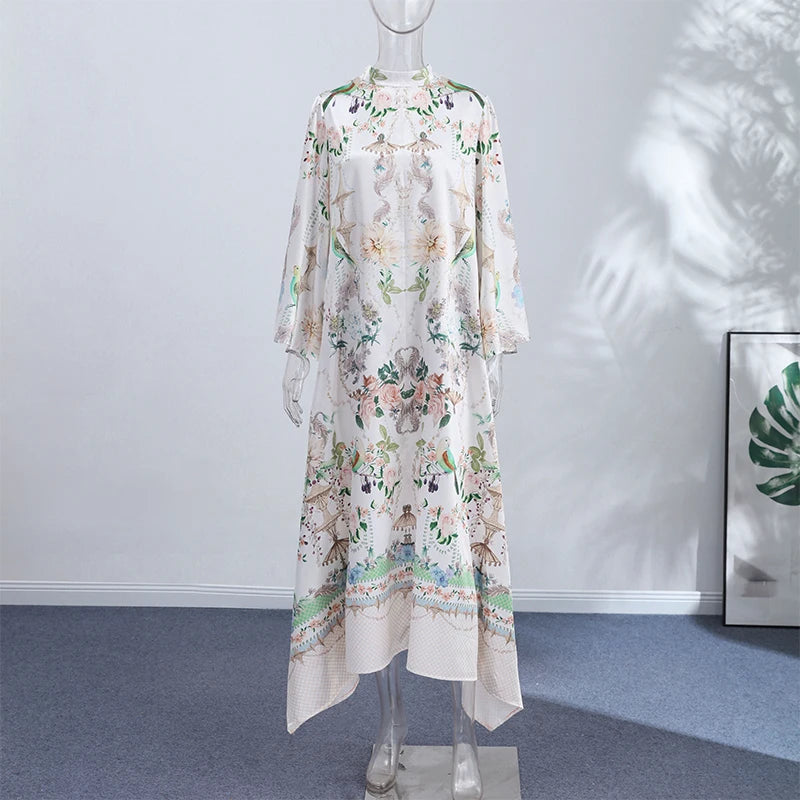 Elegant Women's Printed Long Dresses Loose O-neck Flared Half Sleeve Big Hem Wide Female Dresses 2026 Summer Lady HolidayRobes