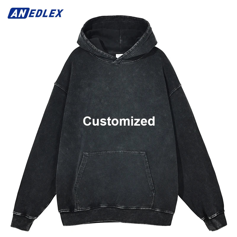 Men Streetwear Hip Hop Oversize Washed Hoodie Sweatshirt Custom Vintage Hoodie