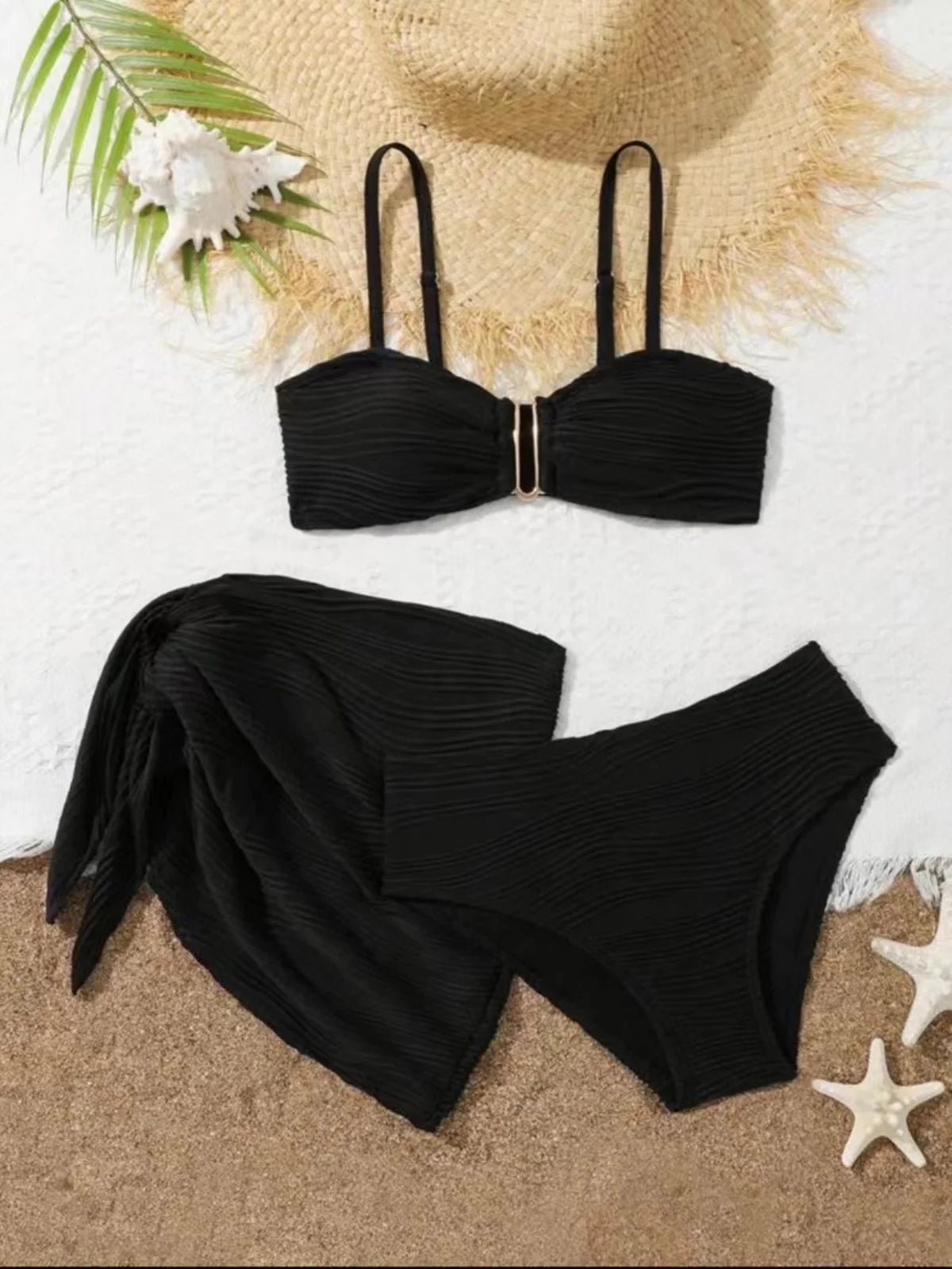 Sexy Black Beige Mesh Skirt 3 Piece Bikini Set 2027 Women Summer Metal U Wire Push Up Swimwear Bathing Suit Holiday Swimsuit