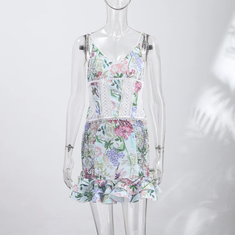 Sexy Women's Floral Printed Mini Ruffle Skirt Set Slim Lace Trim Hollow Spaghetti Strap Top Pleated Skirts 2026 Summer Lady Suit