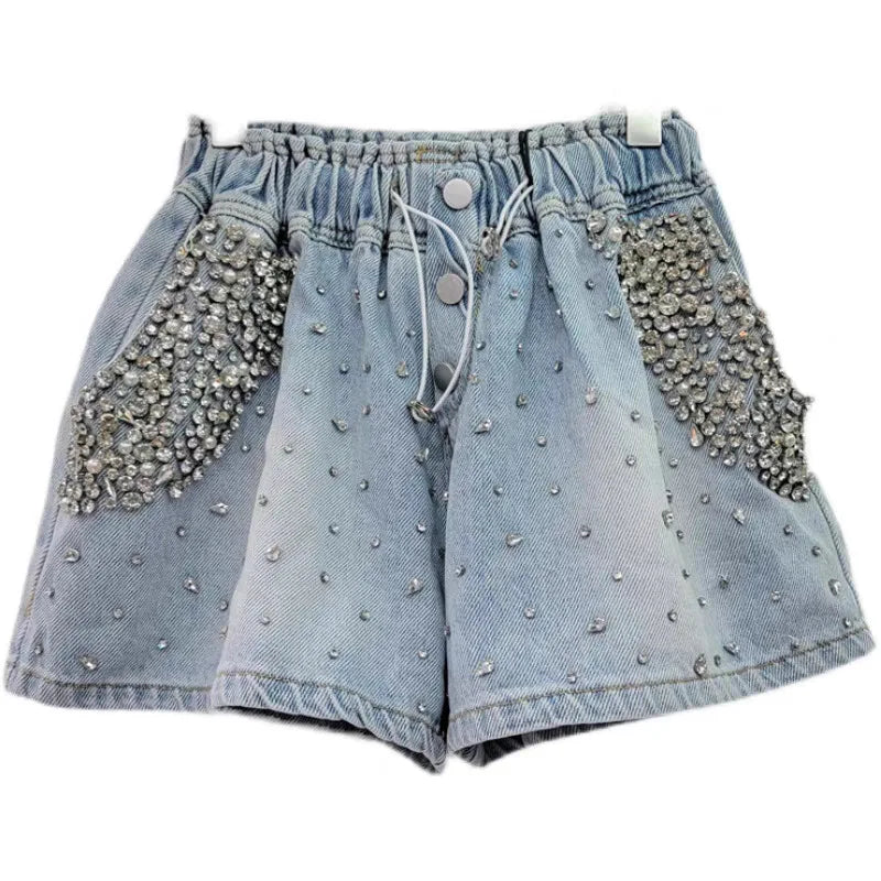 Shorts Women Jeans Straight Denims Sexy Diamonds Vintage Washed Distressed High Waist Button Summer Streetwear Short Pants