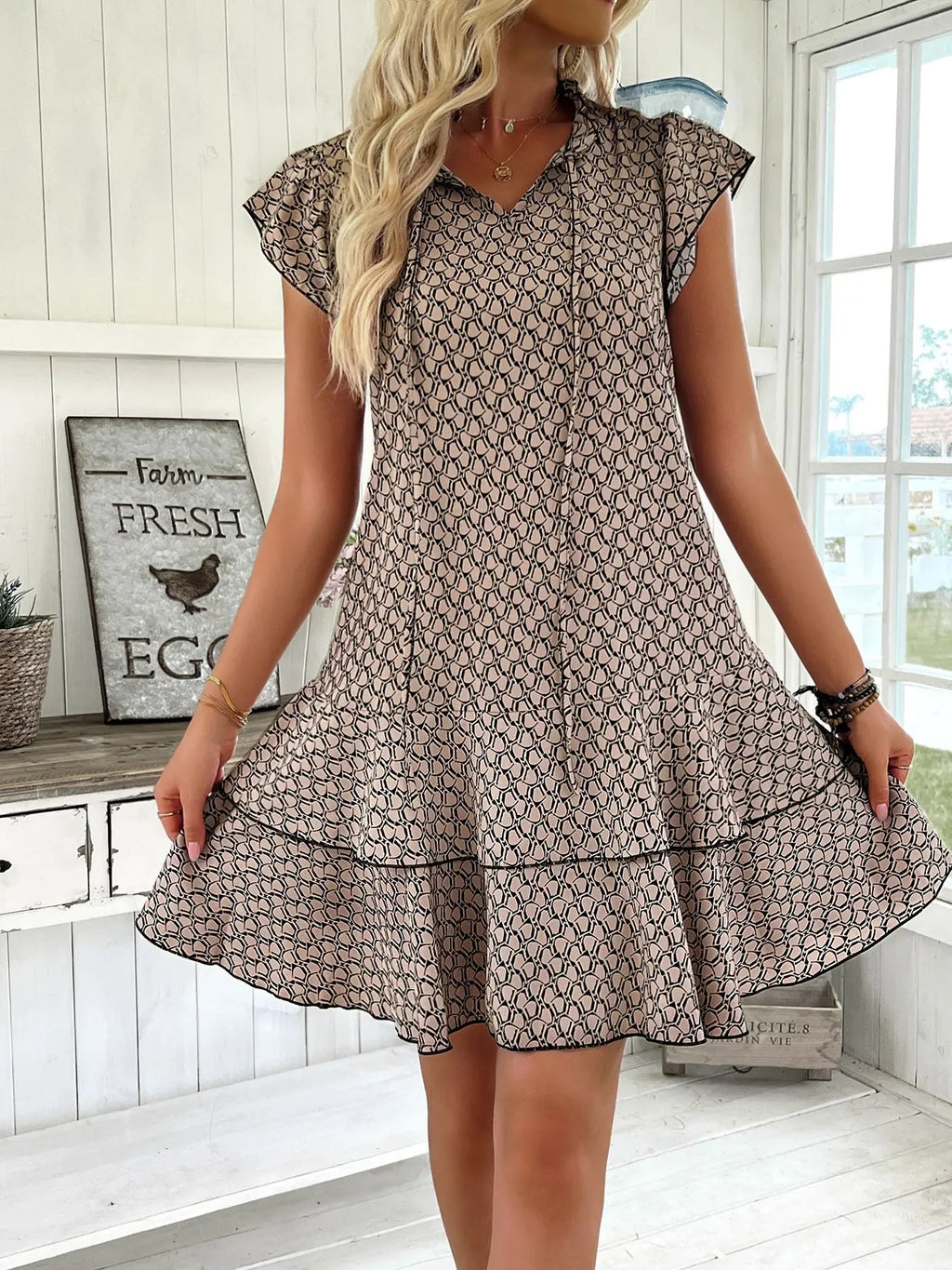 2025 Elegant Women's Casual Loose Ruffle Mini Dress Bohemian Printed V-neck Lace-up Small Flying Sleeve Dresses For Women S-3XL