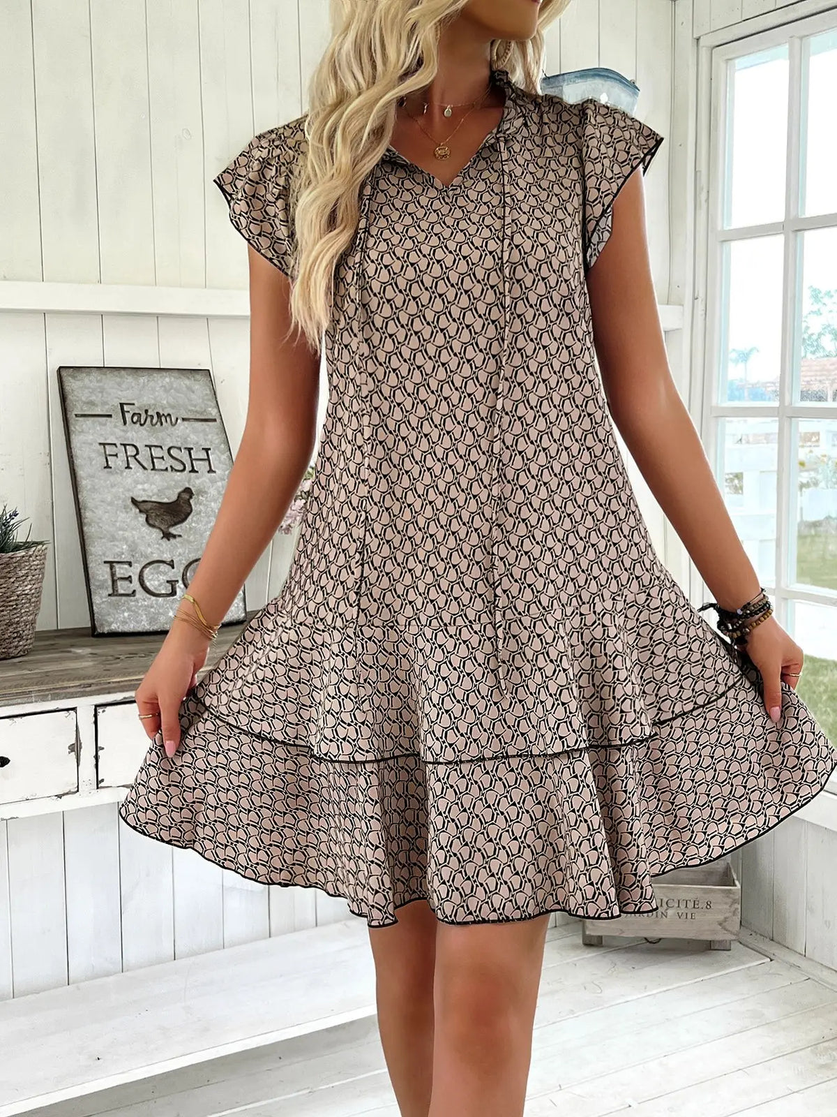 2025 Elegant Women's Casual Loose Ruffle Mini Dress Bohemian Printed V-neck Lace-up Small Flying Sleeve Dresses For Women S-3XL