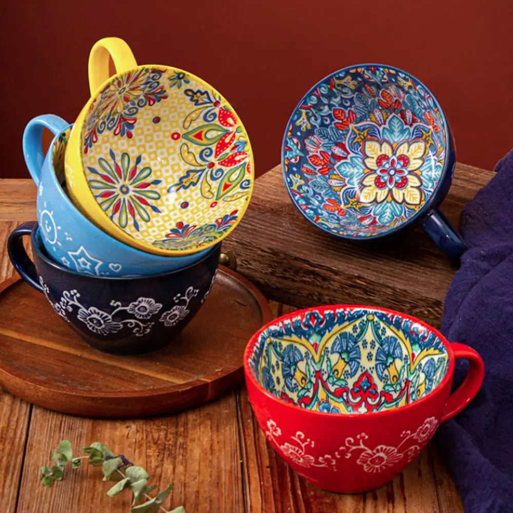 Creative Ceramic Bohemian Breakfast Cup Retro Flower Pattern Coffee Mug Microwaveable Large Capacity Milk Cup Friend Gift