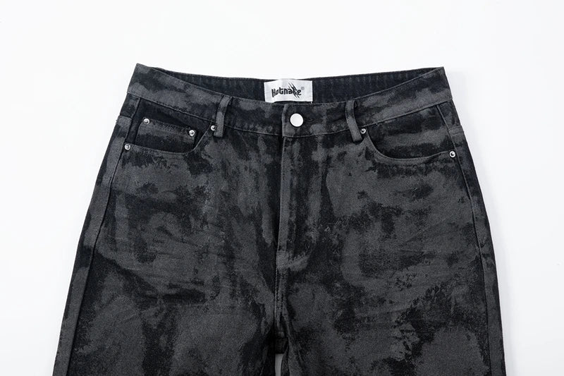 Men's Tie Dye Flared Denim Jeans Washed Handmade Brushed Wax Coating Casual Jean Pants Y2k Streetwear Slim Fit Bootcut Pants
