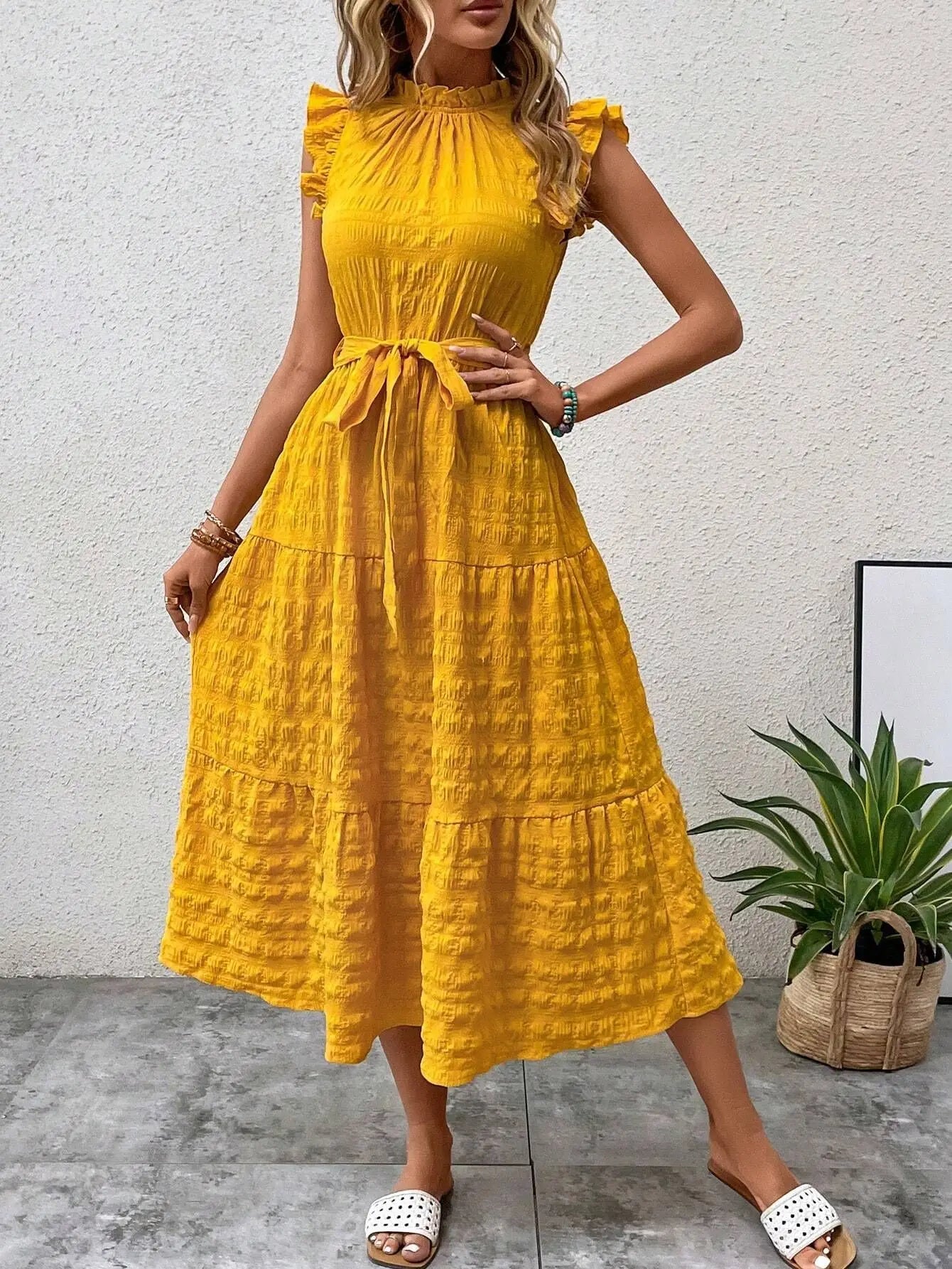 Elegant Women's Summer New Fashion Wooden Ear Edge Flying Sleeve Lace Up Texture Dress Purple  Sleeveless Lace Up Long Dresses
