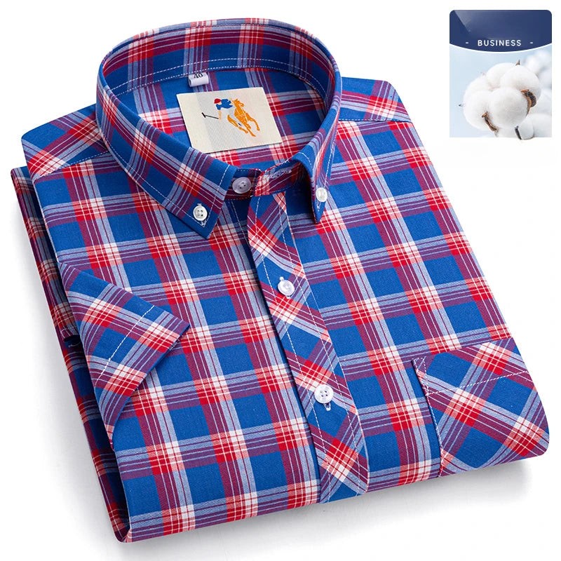 Fashion Korean Plus Size 8XL 100%Cotton Short Sleeve Shirts for Men Slim Fit Formal Plain Shirt Plaid Hawaiian Shirt Casual Top