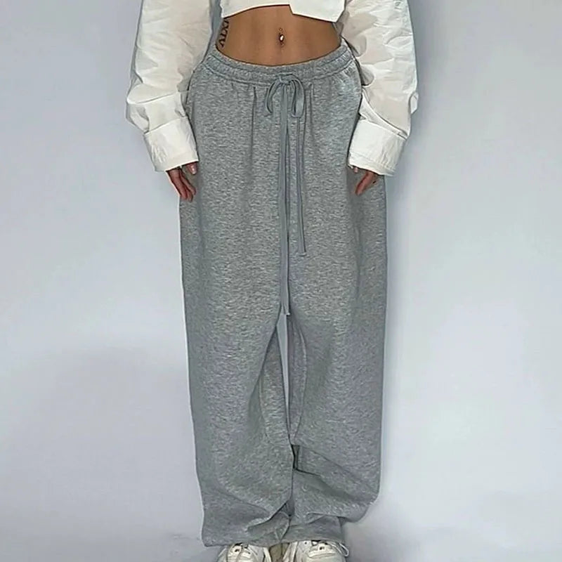Women Drawstring Elastic Waist Wide Leg Sweatpants Solid Color Loose Baggy Jazz Dance Streetwear Casual Daily Jogger Pants