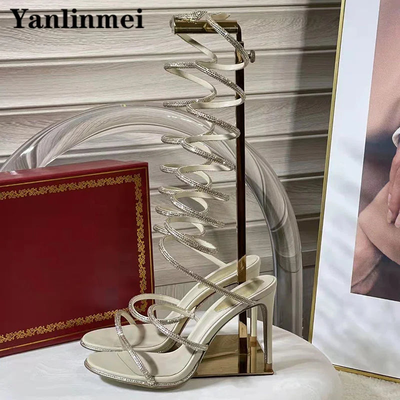 New Runway High Heels Sandals Women Crystal Decoration Ankle Strap Stiletto Shoes Woman Narrow Strap Gladiator Sandals Woman