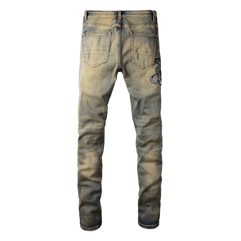 2026 New Men's Fashion Snake Embroidery Denim Jeans Vintage Blue Snakeskin Leather Patch Stretch Pants Skinny Tapered Trousers