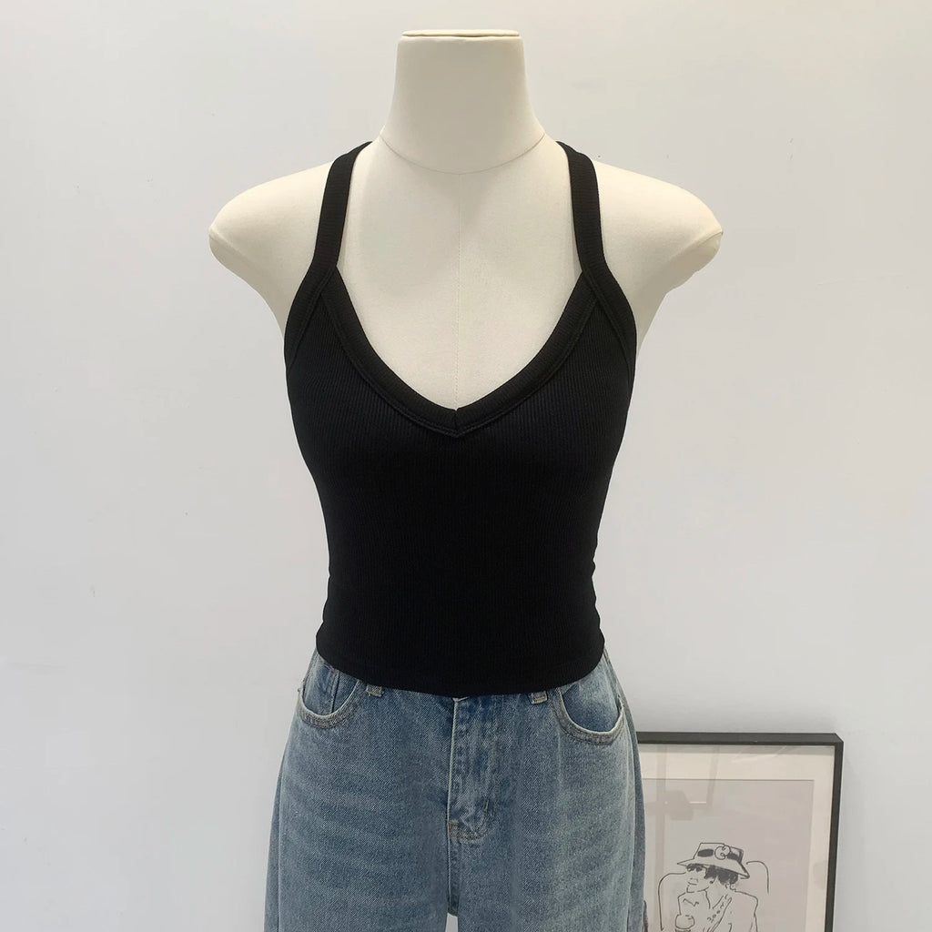 American Style Sexy V-neck Neck Hanging Vest Women's Slim Fit Summer New Unique Beautiful Small Strap Nylon Fabric Breathable