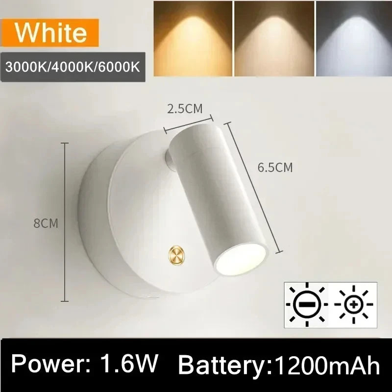 LED Bedroom Wall Light With Touch Switch Black White Magnet Magnetic Base Dimmable For Bedside Study Reading USB Rechargeable