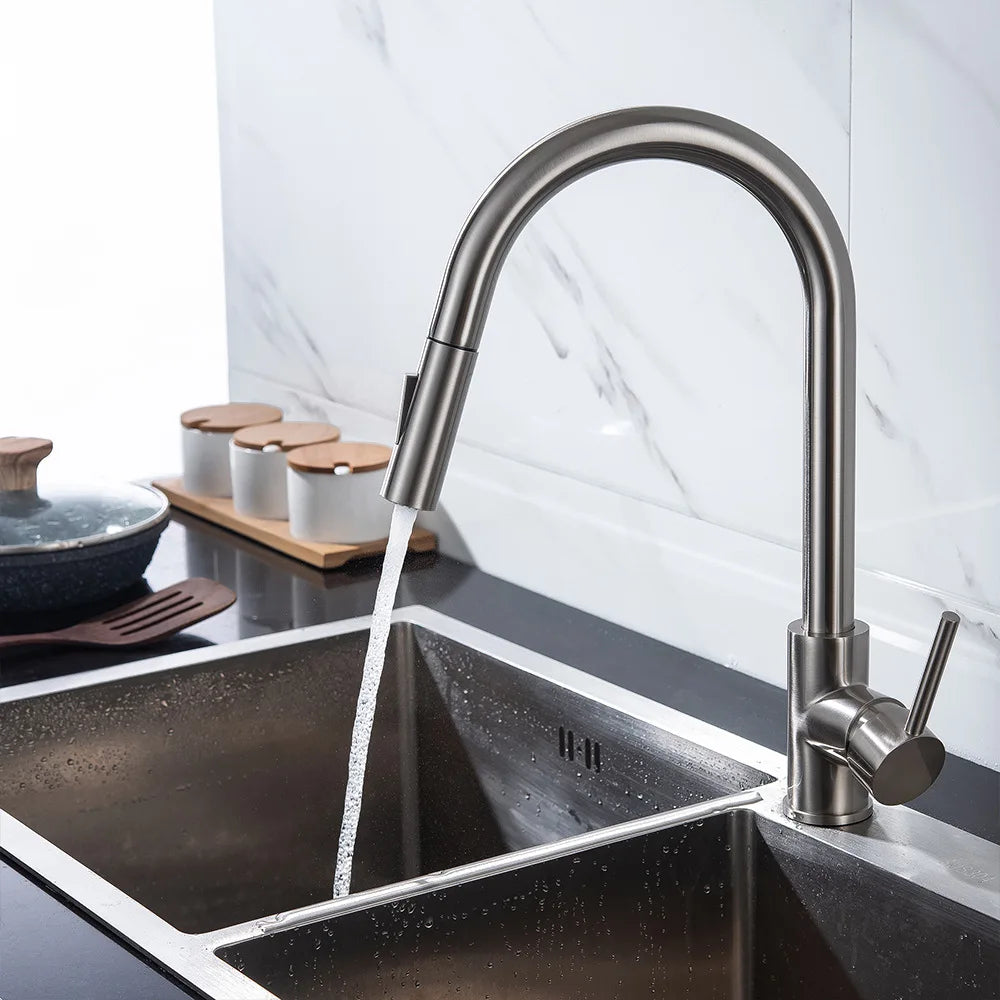 Stainless Steel Kitchen Sink Faucet Pull Out Sprayer Hot Cold Water Mixer Tap Deck Mounted Single Hole Modern Kitchen Tap