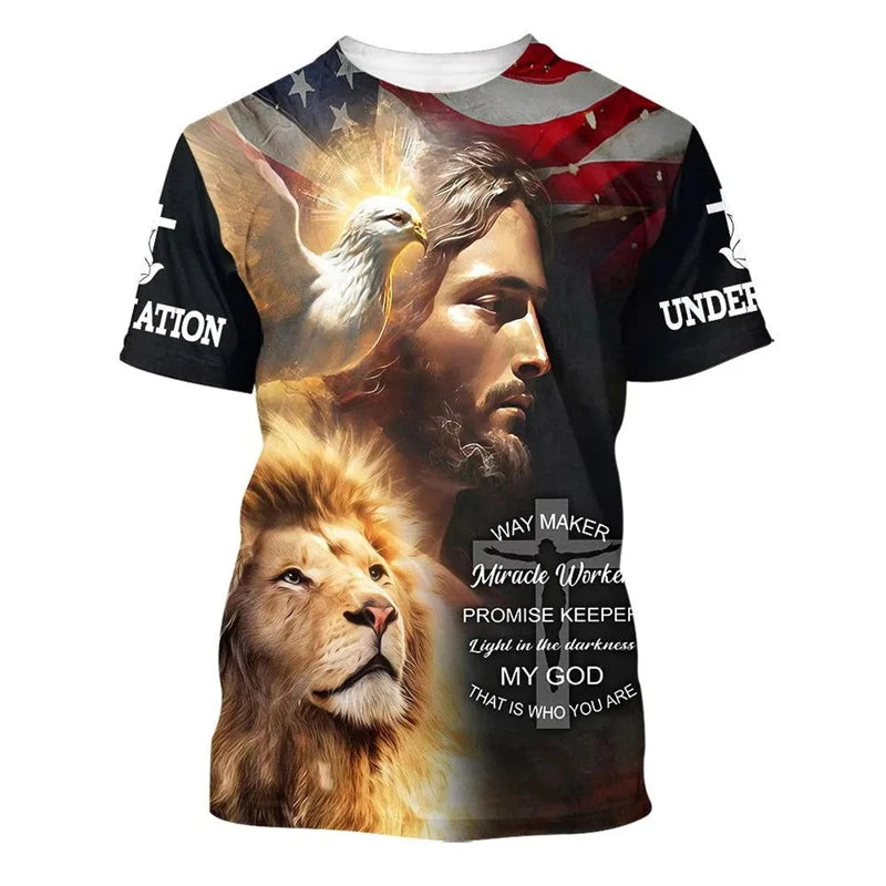 New 3D Print Jesus Lion Eagle Graphic T Shirt For Men Women Tees Trendy Unisex USA Flag T-shirts Casual Short Sleeve Kids Tops