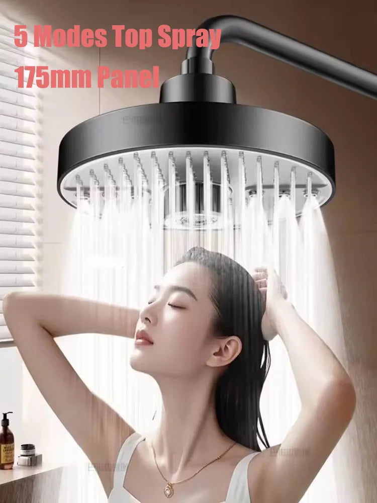 New 5 Modes Large Flow Supercharge Rainfall Shower Head 175mm High Pressure Top Spray Rain Showerhead Set Bathroom Accessories