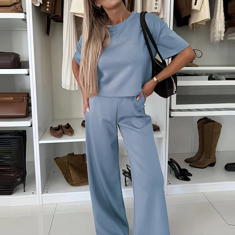 Women Casual Loose Sporty Two Piece Fashion Daily Commute Outfit 2026 Summer Simple O Neck Short Sleeve Top and Long Pants Suit
