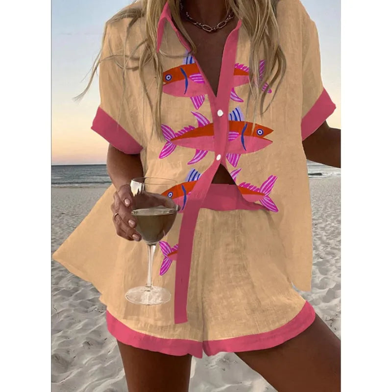 2025 New Summer Vacation Shorts Set 3D Printed Seaside Tropical Casual Lapel Shirt Blouse Top Shorts 2-Piece Suits Beach Holiday