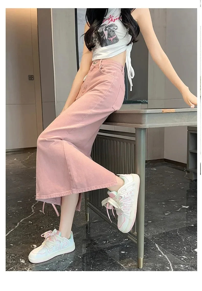 New Summer Women's 100% Cotton Denim Shorts Pink High-waisted Slit Retro Elegant Fashionable Casual Denim Long Skirt Female