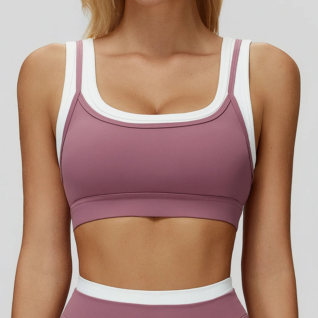 Custom LOGO Women's Naked Fake Two-piece Sports Vest Threaded Contrast Yoga Bra Running Fitness Clothing Top