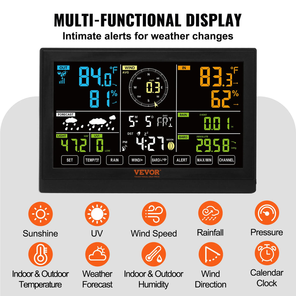 SucceBuy 7-in-1 Wireless Weather Station 7.5in Large Color Display Digital Home Weather Station for Forecast Data, Alarm, Alerts